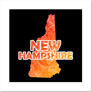 Colorful mandala art map of New Hampshire with text in red and orange Posters and Art